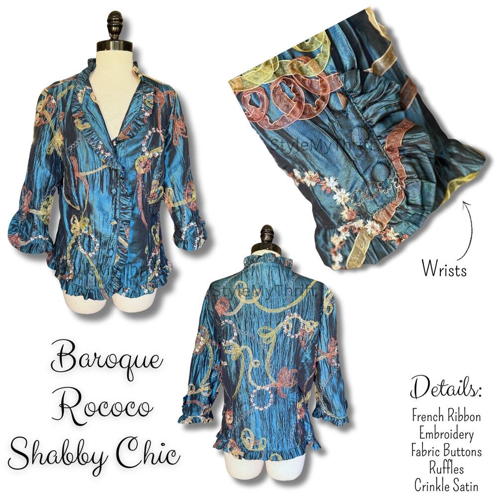 Vintage Y2k Shabby Chic Teal Satin French Ribbon Jacket Baroque Rococo Costume